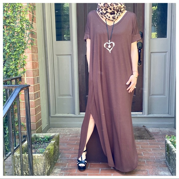 08 Brown side pockets loose fit maxi dress - Picture 6 of 7